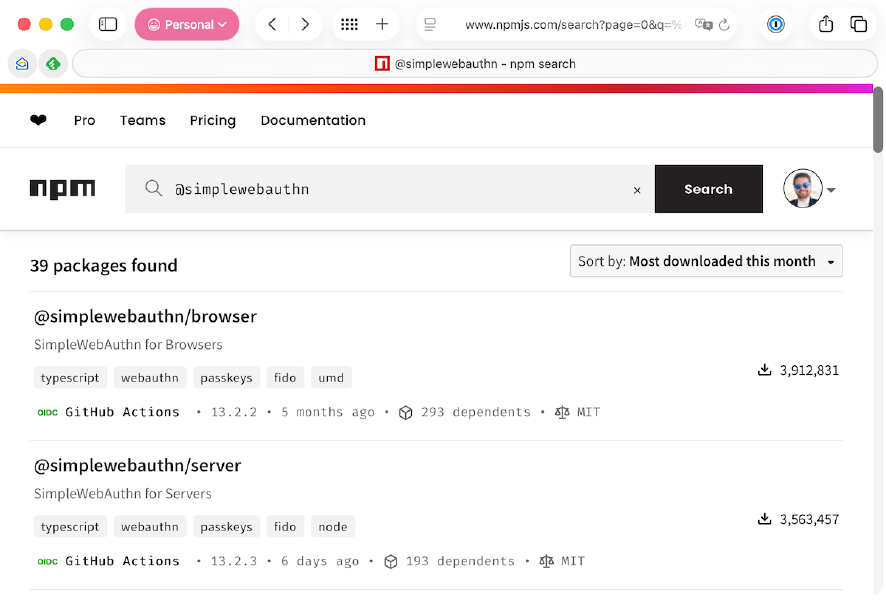 A screenshot of Safari showing a search at npmjs.com for &ldquo;@simplewebauthn,&rdquo; then sorted by &ldquo;Most downloaded this month.&rdquo;
